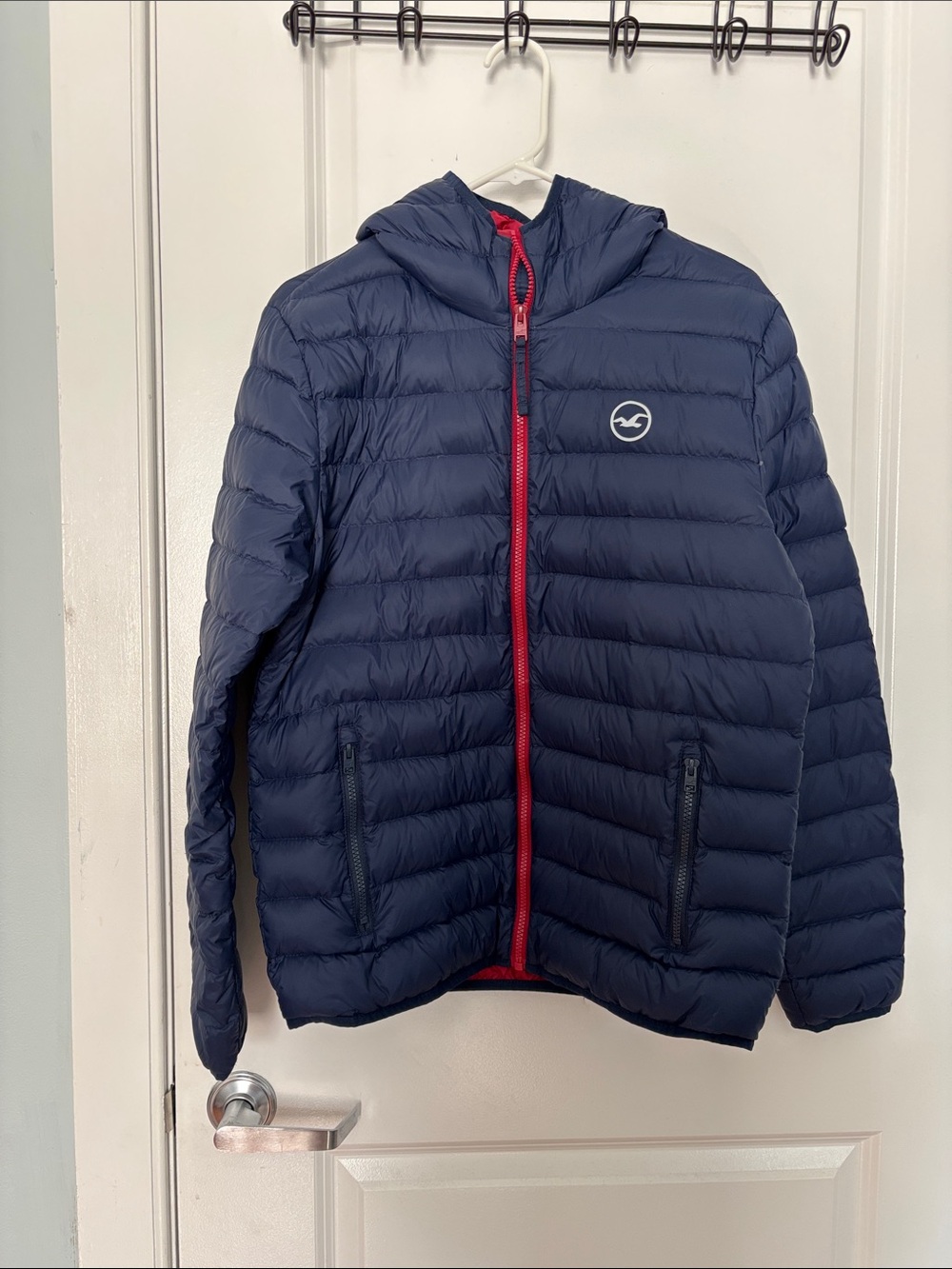 Hollister Navy Puffer Jacket with Red Trim
